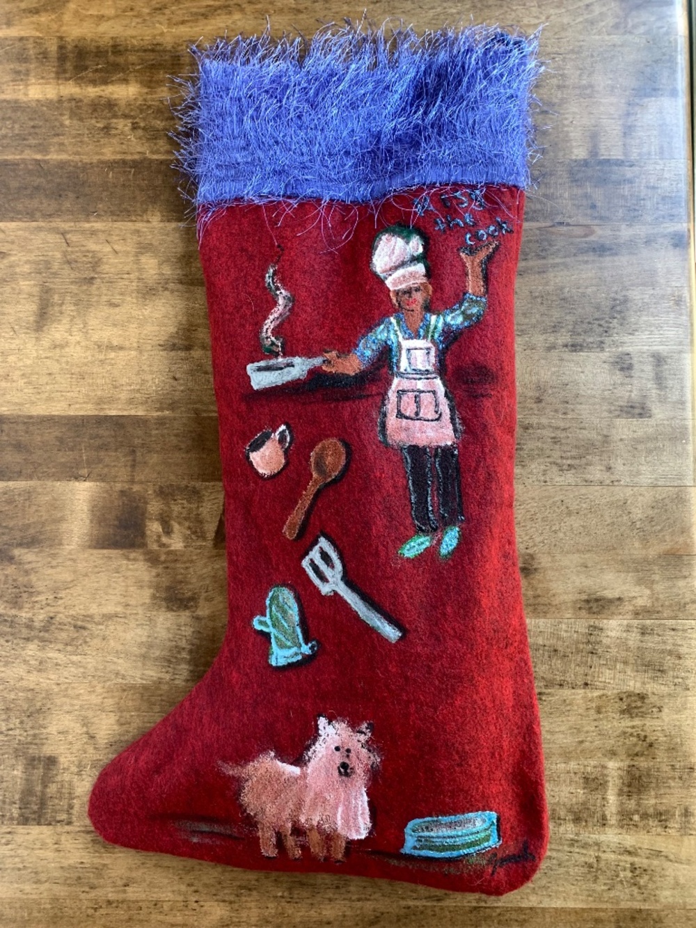 Kiss the Cook Hand-Painted Christmas Stocking | Folk Art | Fuzzy Cuff